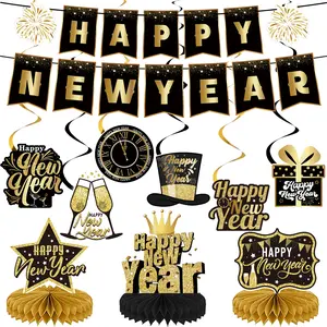 A Set Happy New Year Eve 2026 Party Decorations, Include Banner, Hanging Swirls and Table Decorations Honeycomb Centerpieces for 2026 New Year Party Supplies