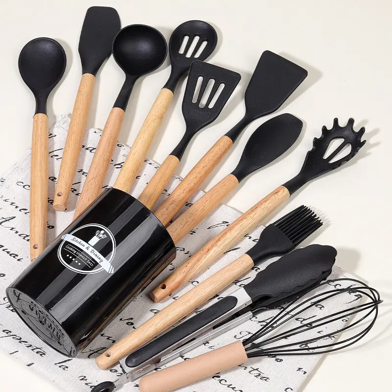 Silicone Kitchen Utensils Set, 12pcs/set Wooden Handle Cooking Utensils Set, Heat Resistant Cooking Shovel & Spoon with Storage Bucket, Durable Kitchen Utensils, Kitchen Utensils Gadgets, Durable Kitchenware
