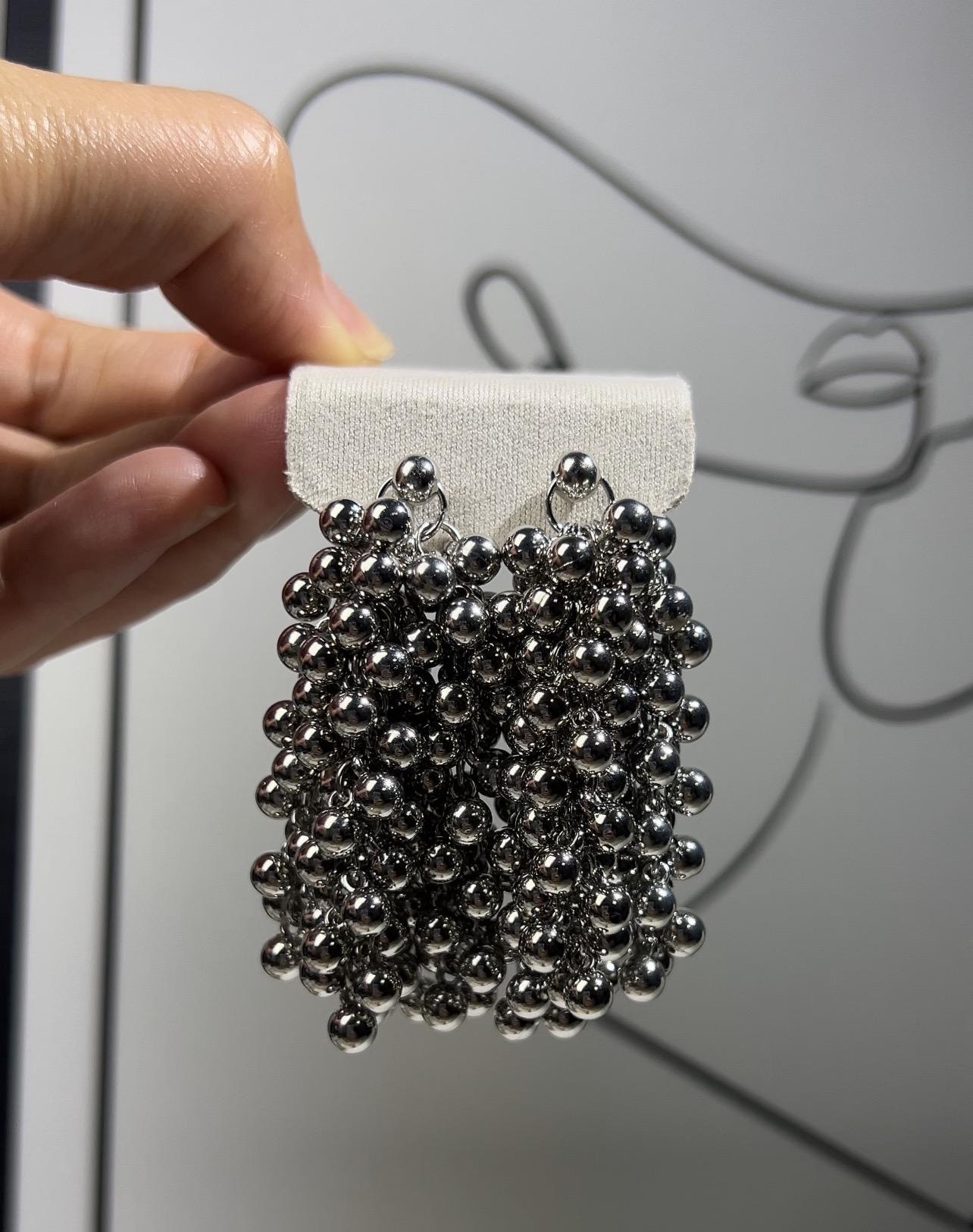 Stainless Steel Silver Grape Bead Tassel Earrings, Minimalist Statement Drop Earrings, Hypoallergenic Party Jewelry for Women