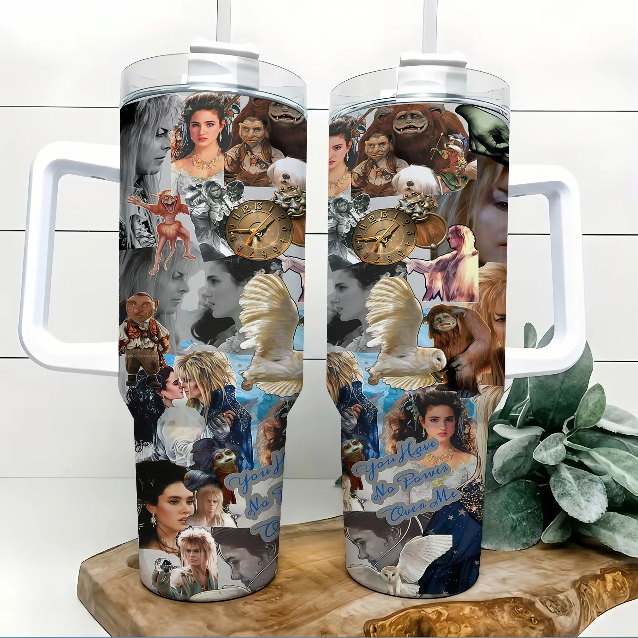 Dark Fantasy Maze Collage 40oz Insulated Tumbler with Handle and Straw Owl Clock Creature Romance Art Stainless Steel Water Bottle Travel Mug for Gym Car Commute Office Birthday Gift