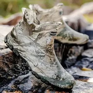 Men's Camo Waterproof Rain Boots - Durable, Slip-Resistant Short Ankle Boots for Outdoor Work, Fishing, and Gardening with Reinforced Rubber Sole and Pull Tab Design, Orthotic Closed Weight Dance Walking Shoes Footwear