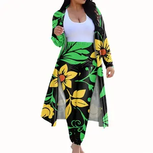 Hot Green/Yellow Polynesian Hawaiian Floral Long Cardigan And Pants Set