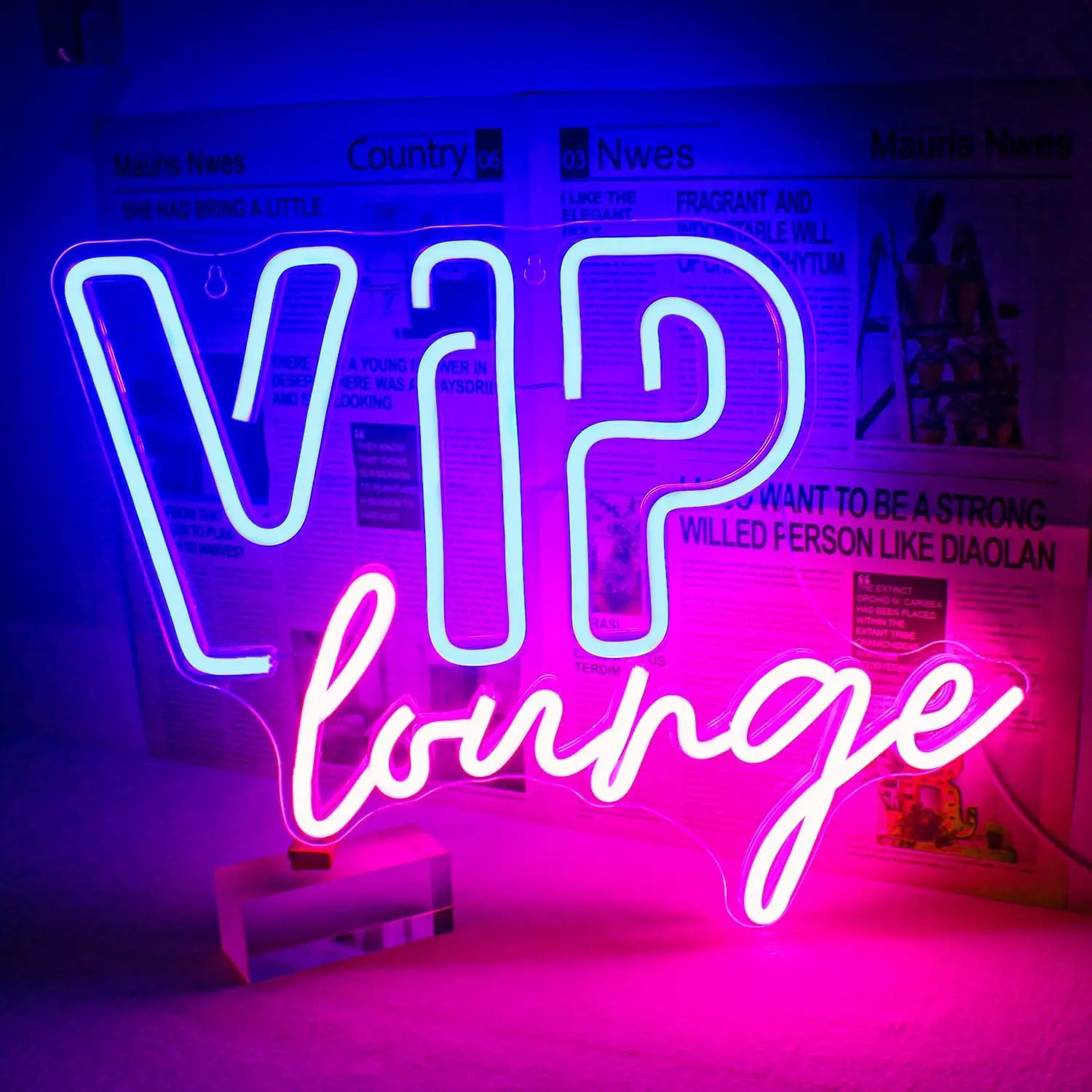 ROSNEK VIP Lounge Stylish LED Neon Wall Light - 40x30cm Pink & Blue USB-Powered Acrylic Sign, Eco-Friendly LED Tube, Switch, Chains, Hooks, Wall Mount, No Assembly, Ambient Glow Decoration for Home Bar, Ideal Birthday Gift for Adults