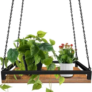 Hanger Indoor, 16" Wooden Hanging  Holder with Metal Frame Large Hanging Planter for Indoor  Load 50LB Hanging  Shelf with 27.6" Long Chain, Ideal for Heavier Pots Window Ceiling