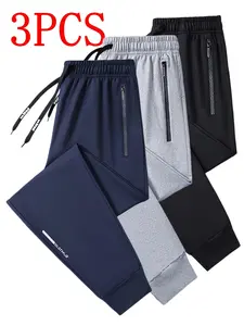 3 Pieces Men's Sports Pants, Zipper Leg Athletic Pants with Elastic Waistband, Stretch Casual Trousers for Gym, Outdoor, All Seasons, Loose Full-Length Pants, Soft Running Pants, Ideal Gift Athleisure Style