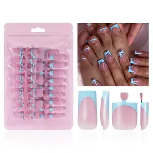 60Pcs Medium Press on Nails Square & Press on Toenails Set, Blue French Tip Press on Nails Short Square Press on Toe Nails Summer False Toenails Full Cover Stick on Nails for Women