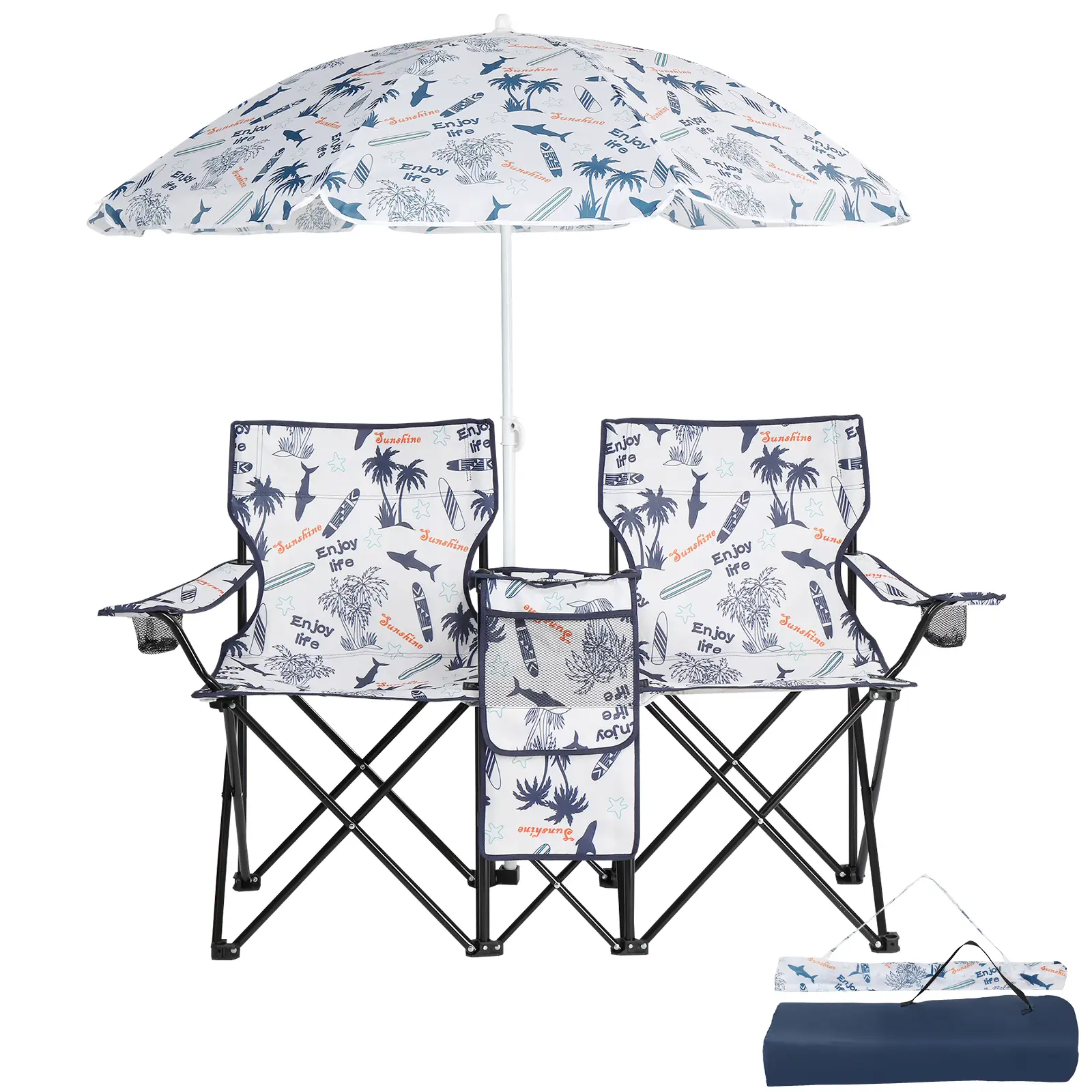 59*19.6*31 Inch Folding Fishing Chair with Removable Sun Umbrella Two Seats Oxford Fabric Steel Frame 85kg Load Capacity for Outdoor Camping Beach Pic