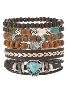 Men's Vintage PU Leather Braided Bracelet Set, Stackable Beaded Bracelets, Bohemian Style, Wood Beads & Imitated Turquoise Decor, Adjustable Cord Design