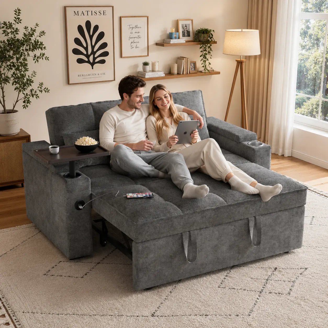 65" Convertible Sofa Bed, 3-in-1 Pull Out Sleeper Sofa with Adjustable Backrest, Chenille Couch with USB for Small Spaces