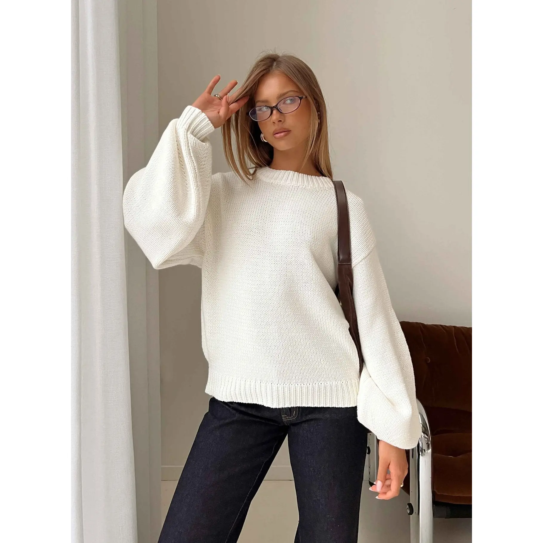 Harmony Balloon Sleeve Knit Sweater White
