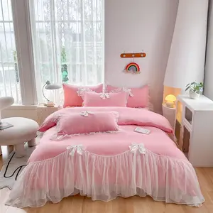 Girls Lace Bedding,Full Comforter Cover Set, Chic Ruffled Duvet Cover with Lovely Bow,Style 1 Duvet Cover with 2 Pillowcases, No Comforter-Bright Pink,Full Size