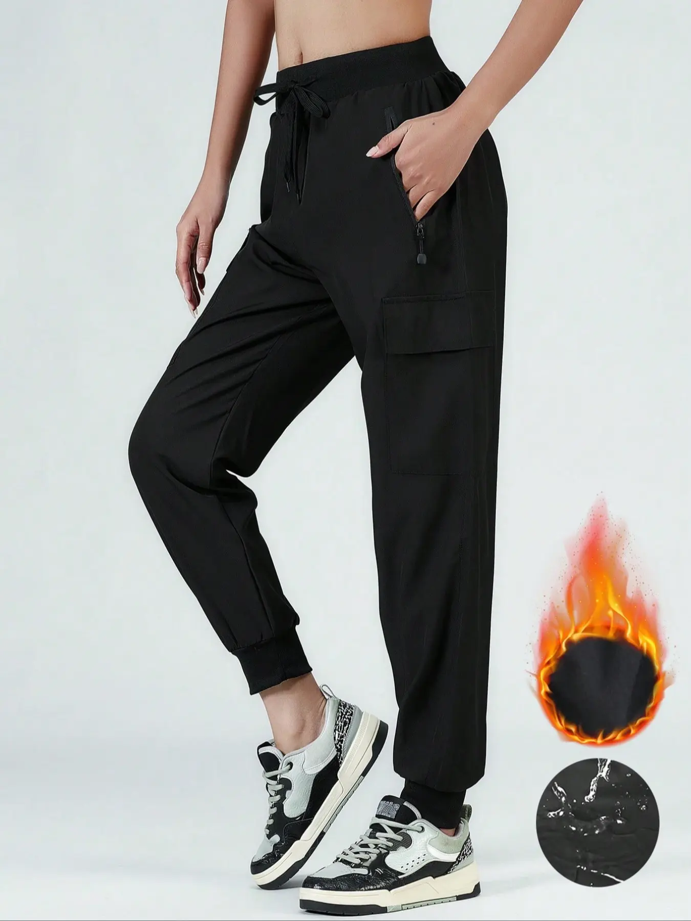 Women's Winter Fleece Lined Pants, Multi-Pocket Utility Cargo Pants, Windproof Waterproof Joggers, Zipper Pockets, Casual Outdoor Hiking, Sports Pants