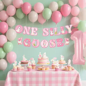 One Silly Goose Banner 1st Birthday Party Decorations Pink Silly Goose First Birthday Decor Girl Goose Themed Cupcake Toppers Baby Shower Photo Prop