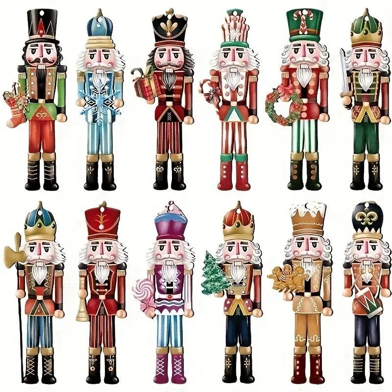 12pcs Christmas Tree Wood Decorations, 8cm & 13cm Wooden Nutcracker Ornaments, Holiday Hanging Accessories, Perfect Gift for Family & Friends