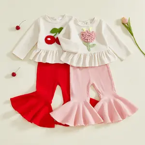 Little Toddler Girls Kids 2PCS Outfit Set Long Sleeve O Neck Floral Cherry Embroidery Top Flared Pants