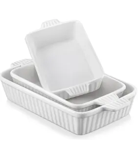 Baking Dish Set, Ceramic Bakeware Sets of 3, Casserole Dishes for Oven, Lasagna Pan Deep, Rectangular Baking Pan Set with Handles for Baking, White