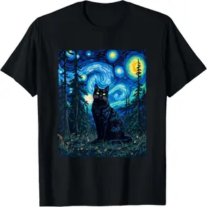 Black cat Starry night painting T-Shirt for Men Women Kids