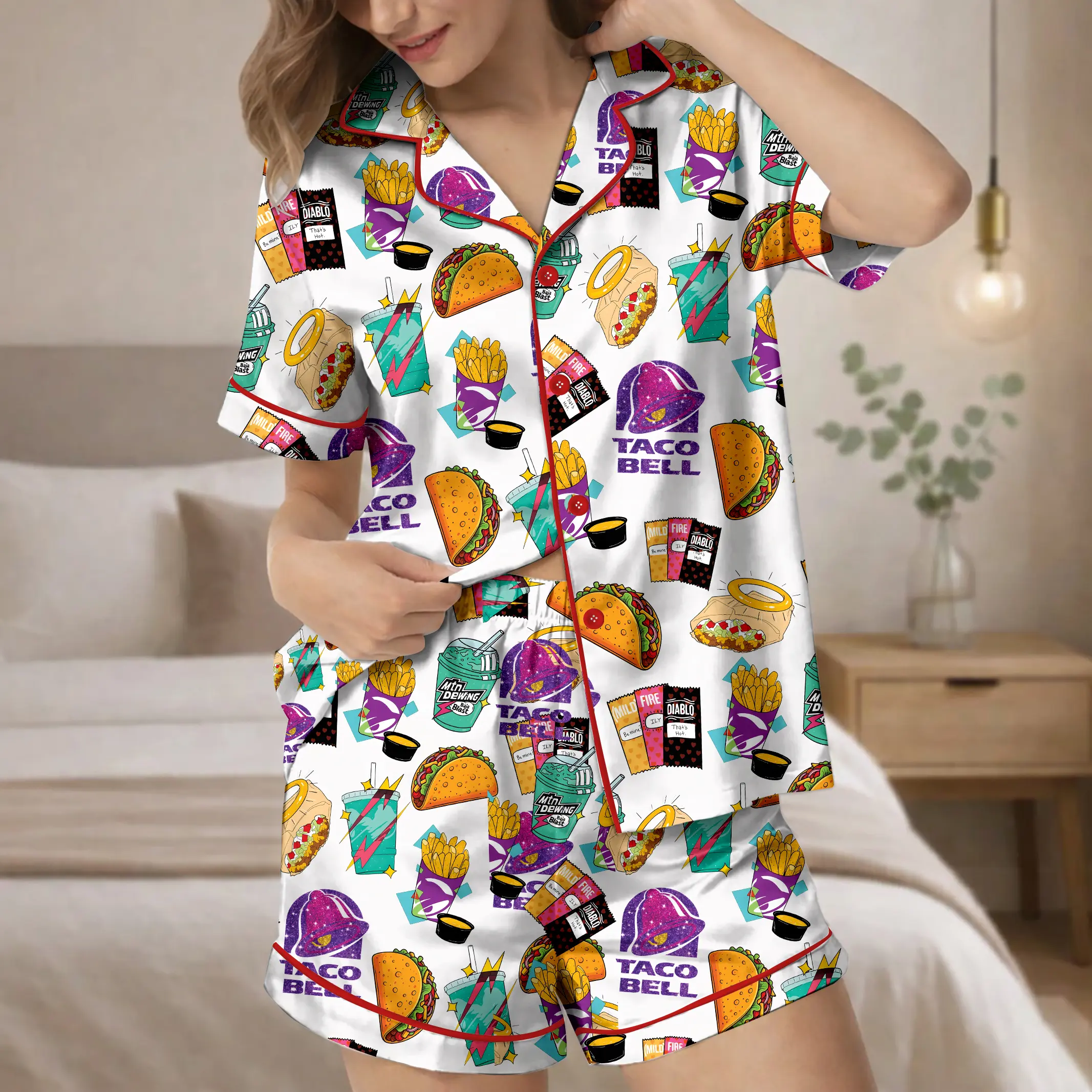 TacoBell Pajamas Set, TacoBell Sleep Wear, Satin Pajamas For Women