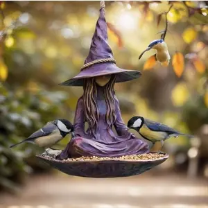 Meditative Witch Garden Hanging Bird Feeder, Resin Witch Hat Shape with Rope Hook, Outdoor Garden Decoration, Unique Fairy Tale Design, Bird Feeding Tool