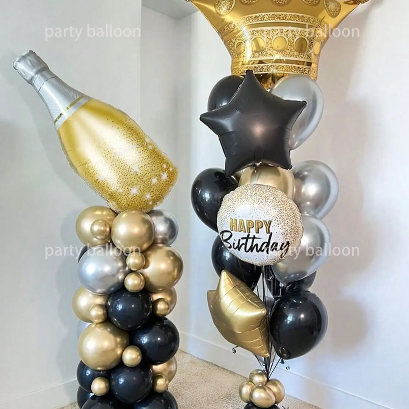 47-Piece Champagne Crown Column Balloon Set, Balloon Column Kit, Giant Crown & Bottle Shape Aluminum Foil Balloons, Star & Round, Birthday Party Decorations