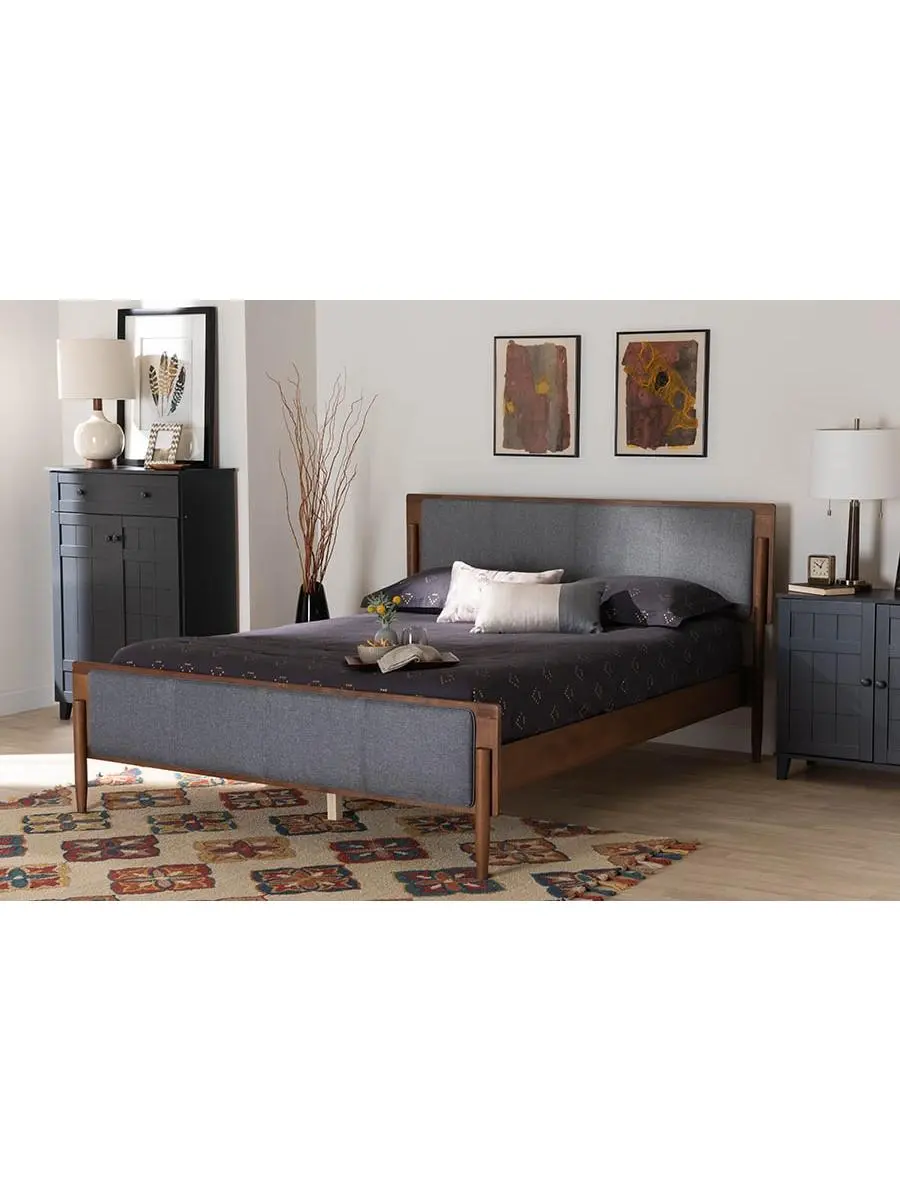 212 MAIN King Size Mid-Century Modern Compressed Wood & Fabric Platform Bed with Cushioned Decorative Headboard, Grey & Ash Walnut, 40.7x69.2x85 in., Foam Padding, Contemporary Style King Size Bed Frames, Cushioned Headboard Beds