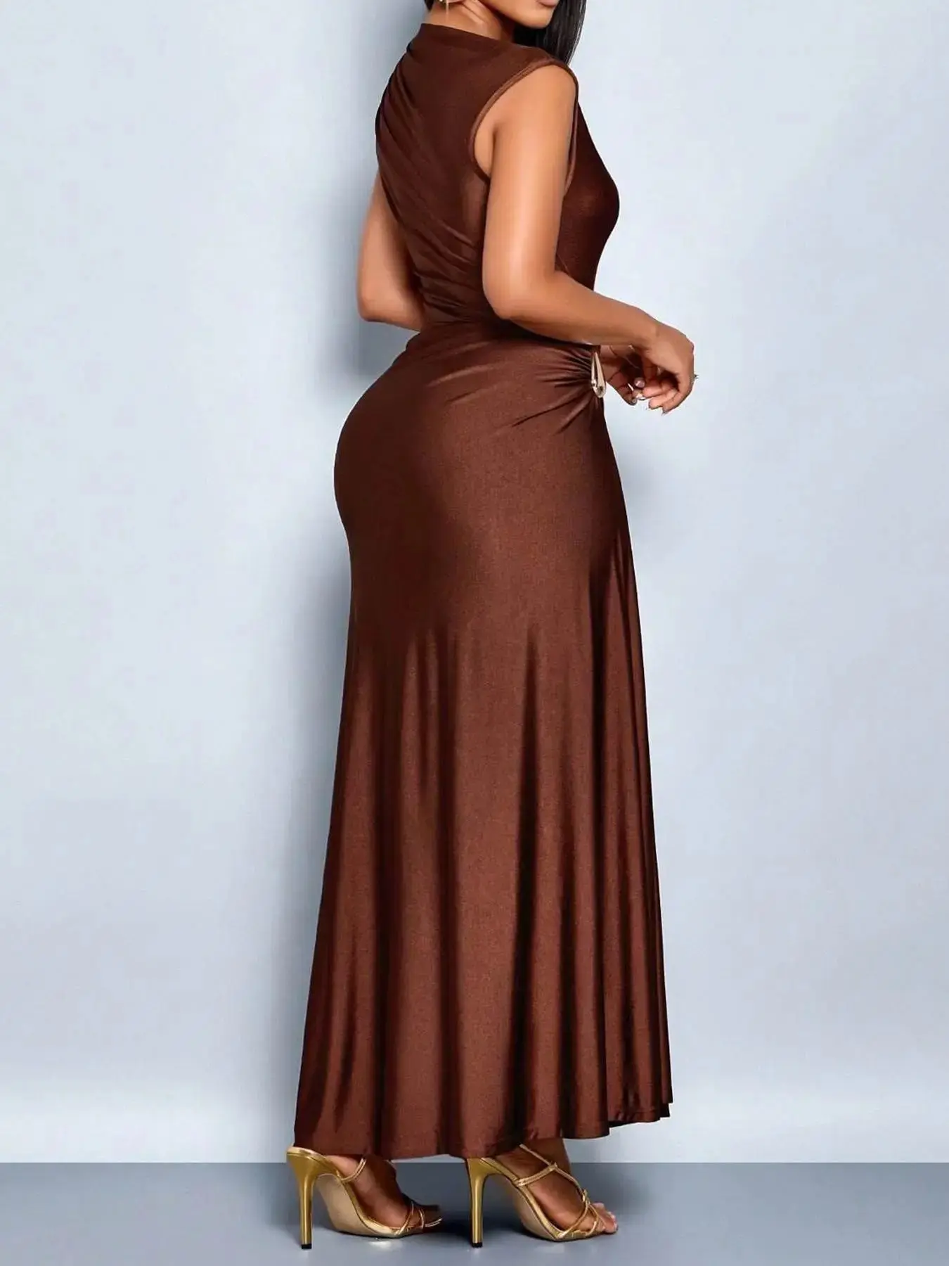 Champagne Color Metal Decor Asymmetrical Hem Dress, Sleeveless Long Dress, Slim-Fit, Elegant Evening Gown, Party Wear, Office Style