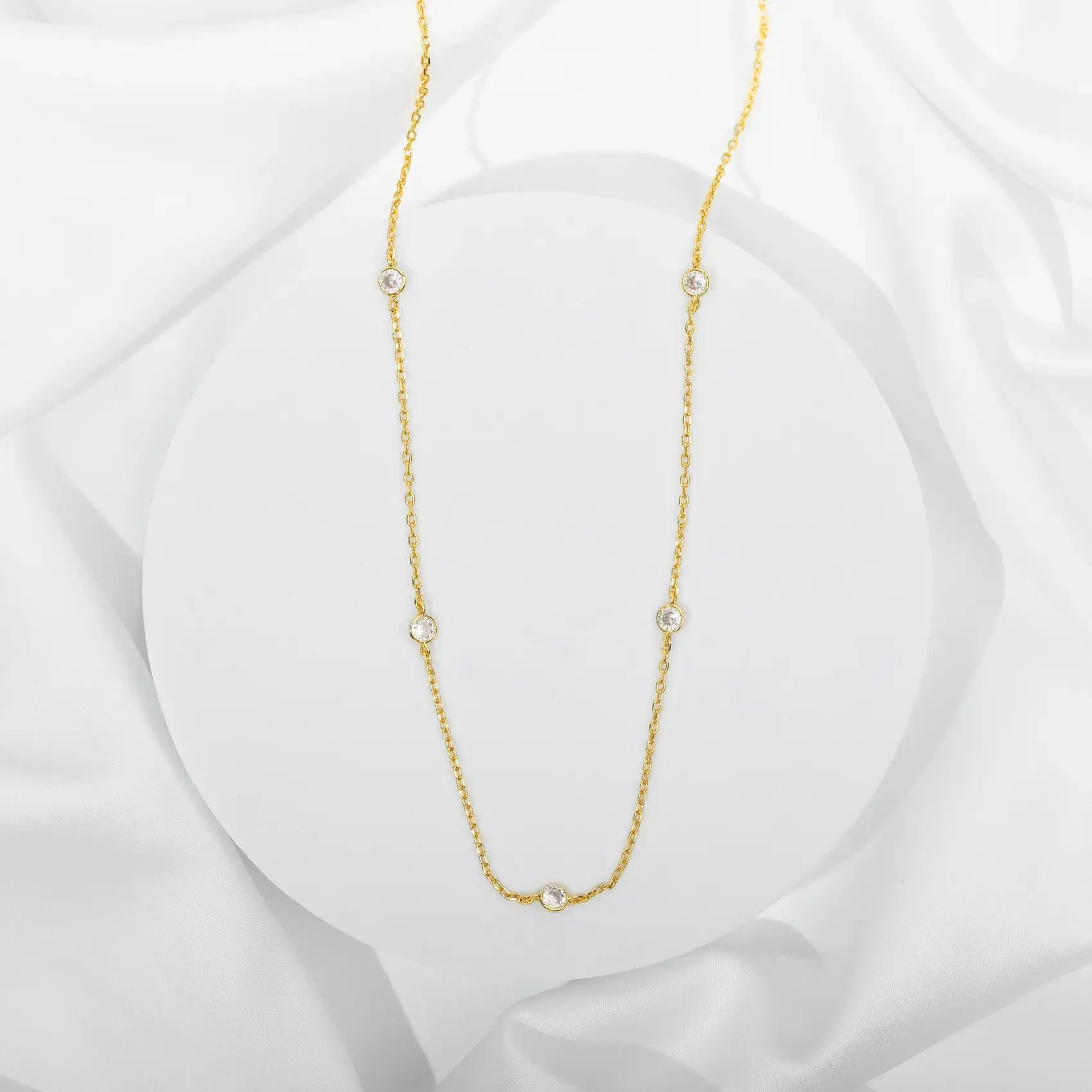 14K Gold Plated Station Necklace for Women - Dainty Choker Simulated Diamond Necklace - Lightweight Womens CZ Chain Necklace