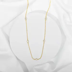 14K Gold Plated Station Necklace for Women - Dainty Choker Simulated Diamond Necklace - Lightweight Womens CZ Chain Necklace