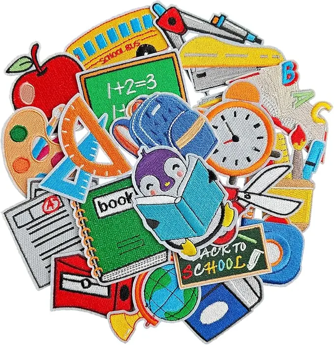 20-Pcs Back to School Campus-Themed Iron-On Patches Set, High-Quality Polyester Thread Embroidery Accessories, Easy Sewing Patch Embroidery & Sets for Students to DIY Decorate Backpacks, Denim Jackets