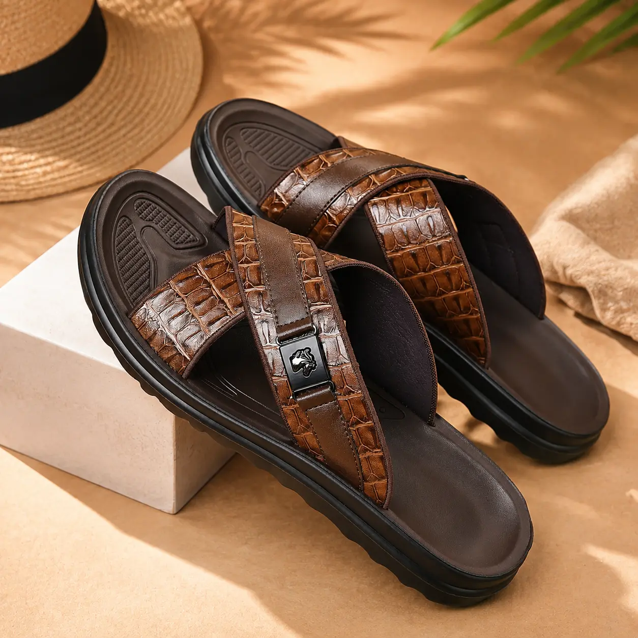 Men's Casual Minimalist Sandals, Synthetic Leather Slip On Footwear for Outdoors with Ankle Strap, Arch Support & Cushioned Rubber Sole, Trending Sandals, Daily Wear, Abrasion Resistant Men's Sandals