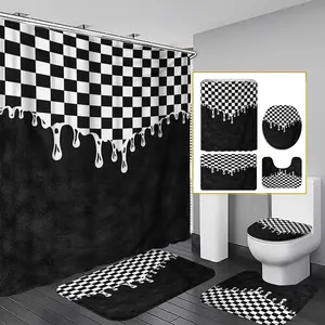 4pcs Polyester Water-Proof Flannel Modern Checkered Drip Shower Curtain Set (72x72in) - Bathroom Decor Set with Bath Mat, U-Shaped Rug, Toilet Lid Cover, 12 Hooks (Ideal for Home, Garden Use)