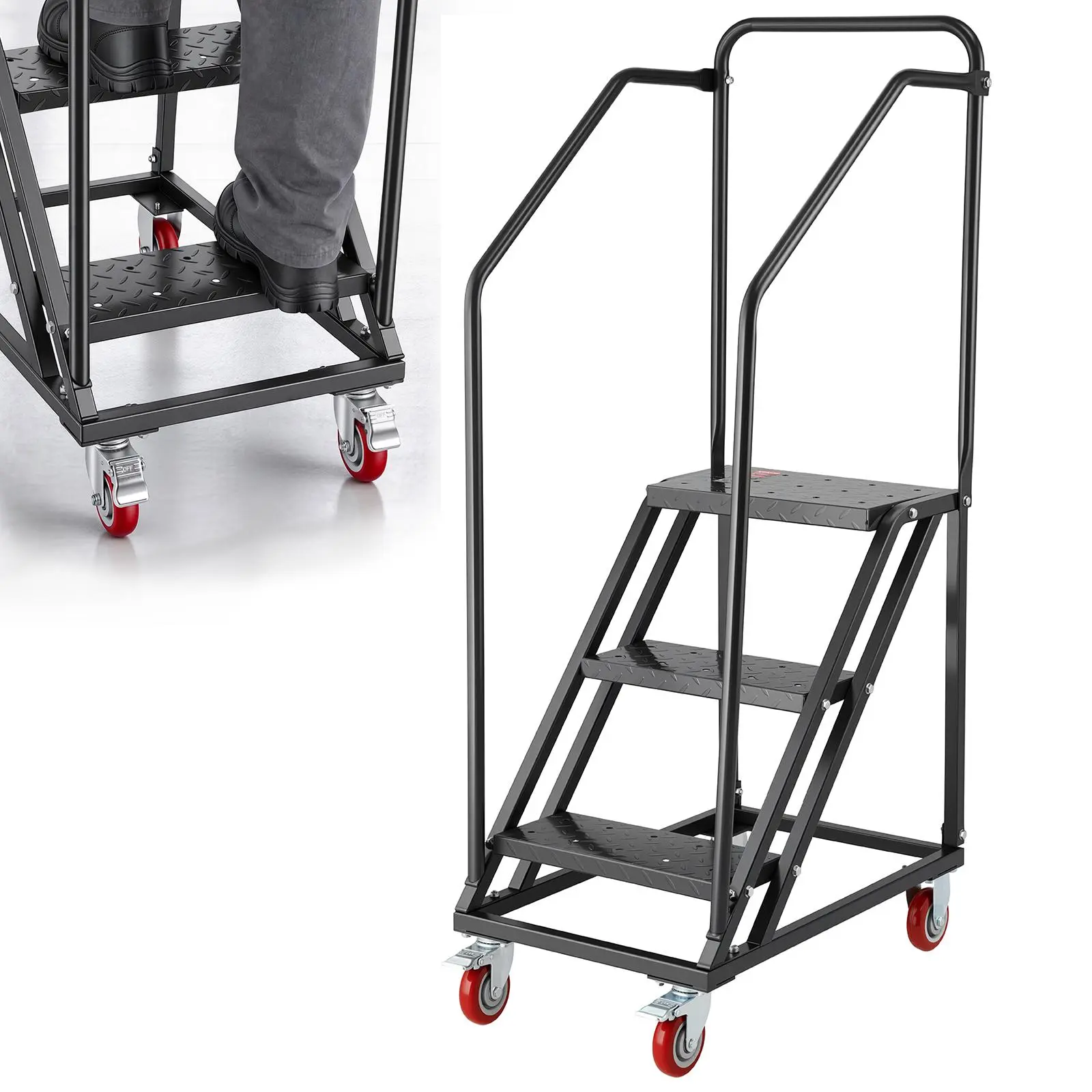 VEVOR 3-Step Rolling Warehouse Ladder, Industrial Alloy Steel Mobile Step Stair with Handrails, Non-Slip Perforated Steps & Locking Wheels, 450LBS Heavy Duty Platform Ladder for Garage Library