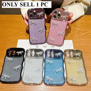 Luxury Electroplated Transparent Wave Solid Color Glitter Phone Case for iPhone 17/16/15/14/13/ProMax/Pro/Plus, Rhinestone Bow Full Coverage Soft Case