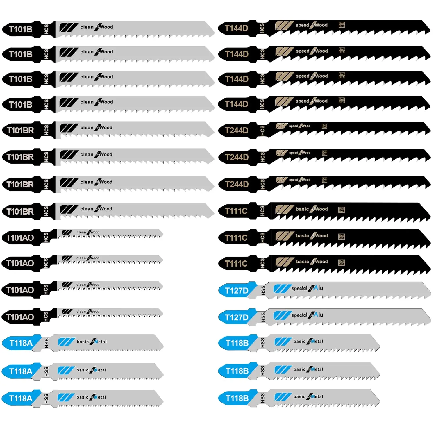 30 count Jigsaw  Set, Assorted T-Shank Jig   for , Metal & Plastic (T101AO, T101B, T101BR, T118A, T118B, T144D, T244D, T111C, T127D)