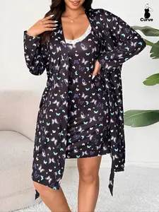 Plus Size Floral Butterfly Lace Dress & Long Sleeve Robe Set, Casual Fitted Home Wear, All Seasons Comfortable Sleepwear
