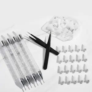 4 Pcs Rhinestone Picker Tool Dotting Pen Dual-ended Handle with 20 Wax Heads & 2 Tweezers for DIY Nail Art White Black