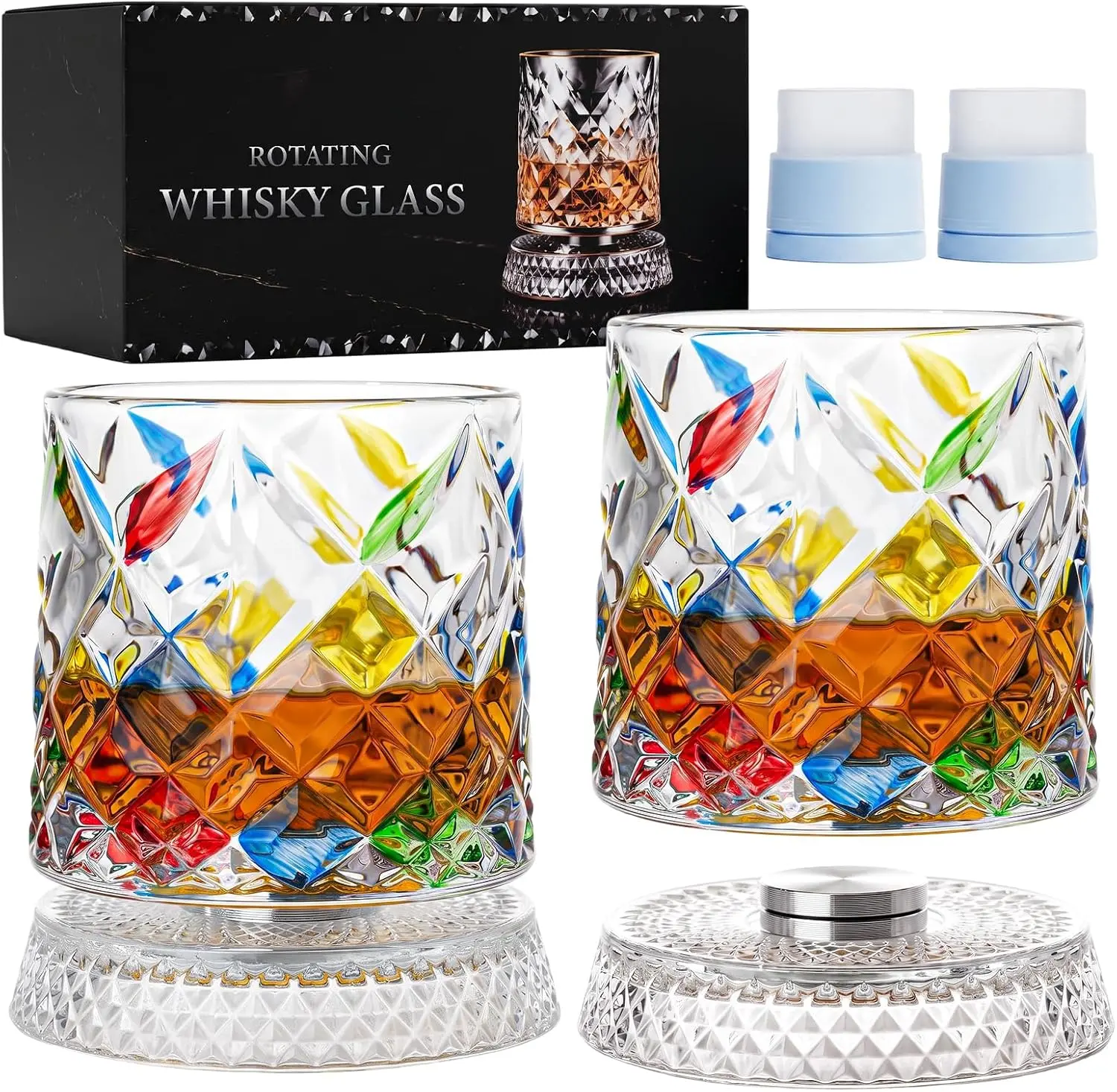 Hand-Painted Rotating Whiskey Glass Set with Iceball Molds - 9.5oz Old Fashioned Tumbler for Bourbon, Scotch, Gifts for Whiskey-Lovers