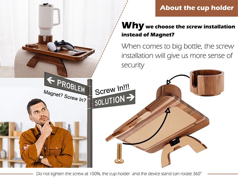 Couch Cup Holder Tray, 3 in 1 Large 15.36"x9.85" Acacia Wood Sofa Arm Clip on Tray Table with 360°Rotated Phone Holder on Armrest