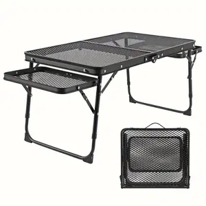 MiAoLi Folding table with two side panels, camping table with mesh tabletop, height-adjustable folding barbecue table