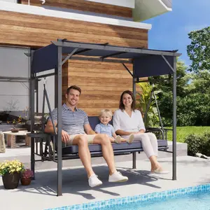 2-in-1 Convertible Porch Swing Bed 3 Seat, Outdoor Patio Metal Pergola Swing Bench with Hanging Cloud Hammock Chair, Garden Swinging Glider Arbour with Cup Holders (Dark Blue)