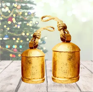 Rustic Decorative Bells Set of 2 - Giant Harmony Cow Bells Huge | Handmade Vintage Christmas Bells Golden Cowbell Country Style Jute Rope Hanging Bell Wall Decor (2X Harmony Bells)