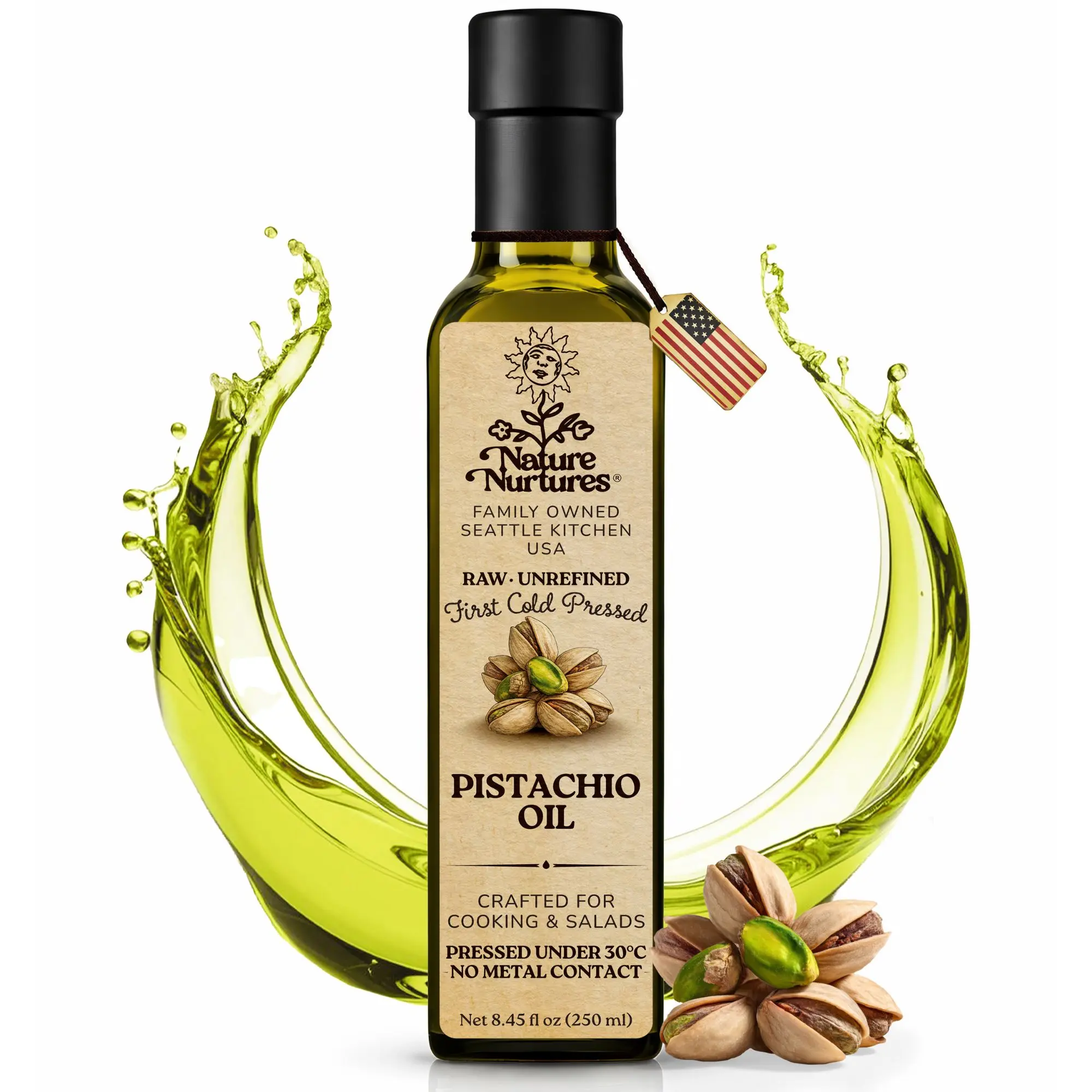 Pistachio Oil for Cooking and Drizzling · Raw · Unrefined · First Cold-Pressed at Temperatures Below 30°C · Pressed Only Once · Without Metal or Wood Contact · Small Batch · Handcrafted in Seattle USA · 100% Pure & Natural · Also Loved for Skin and Hair