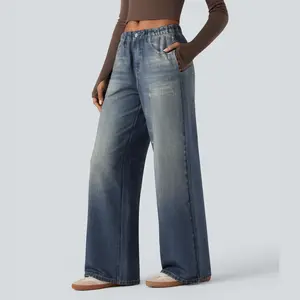 Women's Mid-Rise Denim-Print French Terry Jeans - Casual Everyday Sweatpants Bottoms with Pockets