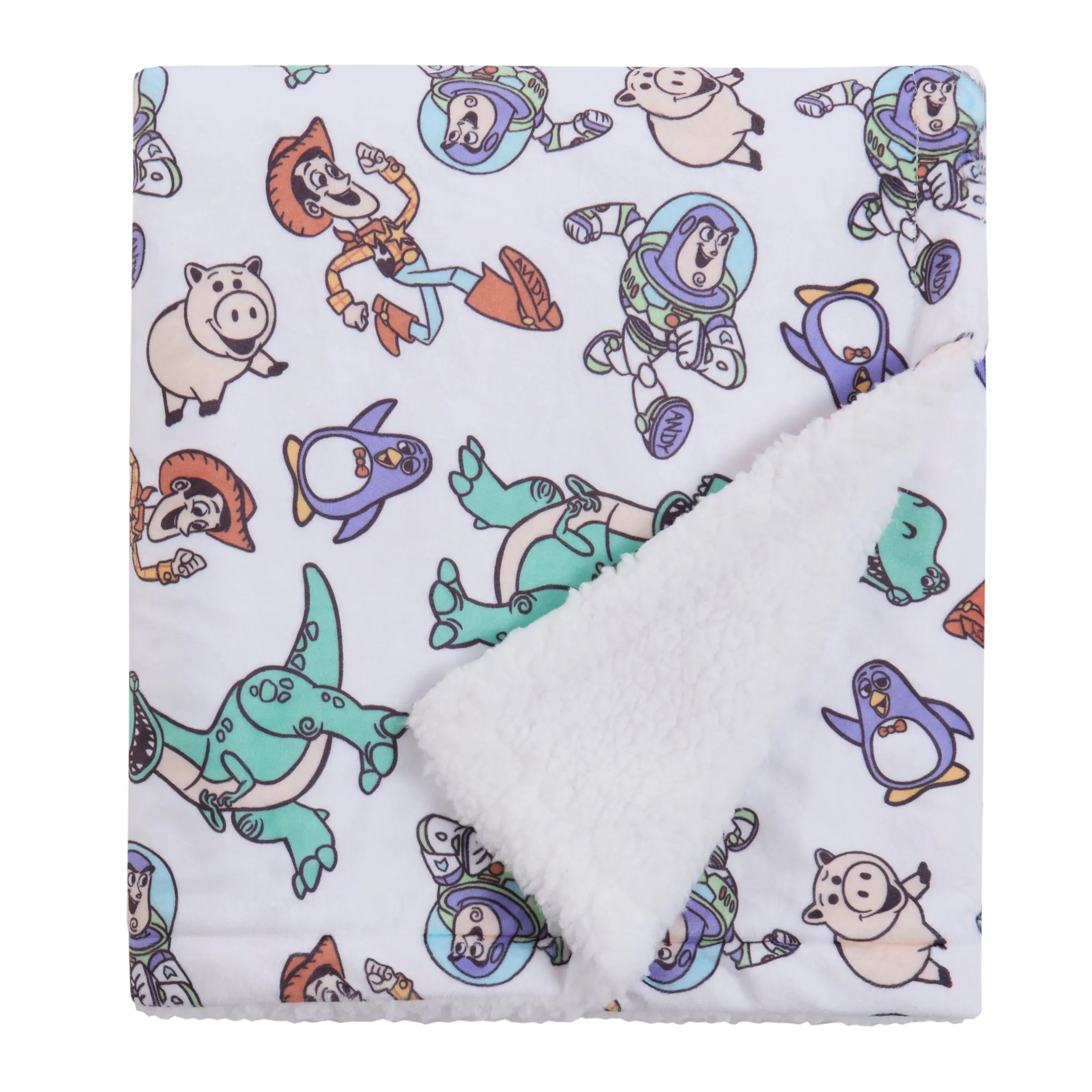 NoJo Disney Toy Story Play All Day Sherpa Baby Blanket - Woody, Buzz, Rex, Wheezy, and Hamm, Teal, Blue, and White