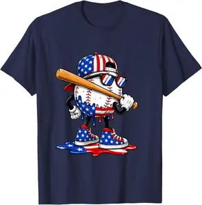 Baseball Drip Ice Cream Boys 4th of July American USA Flag T-Shirt  Cotton Shirt
