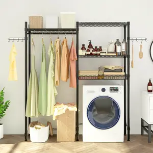 The Washer and Dryer Storage Shelf,Wire Garment Rack Heavy Duty Clothes Rack,Laundry Room Drying Rack,Bathroom Space Saving Rack,Closet Organizer Metal Garment Rack Portable Clothes Hanger Home Shelf Steel Hook
