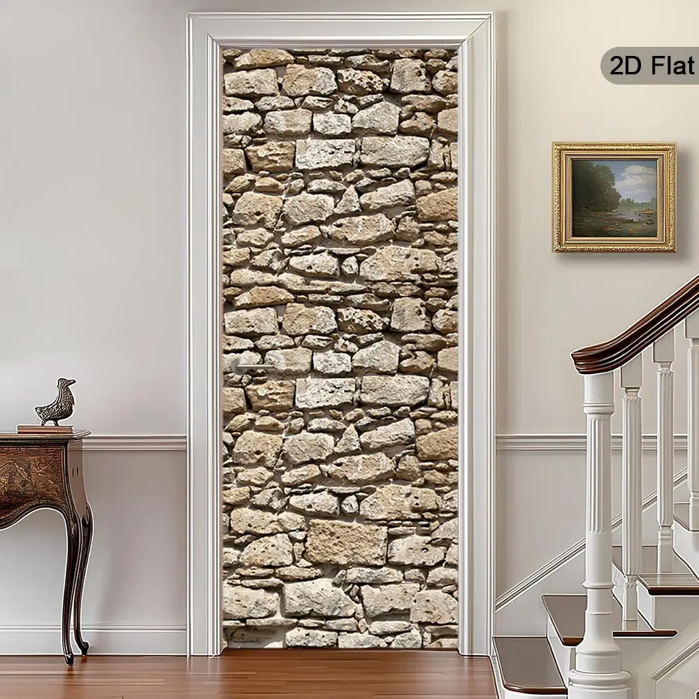 2D Flat Stone Texture Door Wall Stickers, Self-Adhesive Decorative Wallpaper, Earth Tone Peel-And-Stick Decals for Home & Office