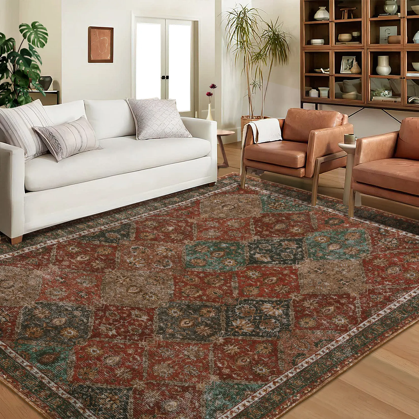 Washable Area Rug Vintage Entryway Carpet Low Pile Soft Rug Anti-Shedding Indoor Rug Moroccan Plaid Rug for Living Room Bedroom Office Laundry Room
