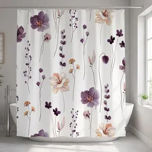 Red-gray floral shower curtain, pink-gray floral shower curtain set, natural watercolor floral fabric shower curtain with hooks, 72x72 inches bathroom set, modern waterproof bathtub decoration accessories, home decor, Bathroom Shower Equipment