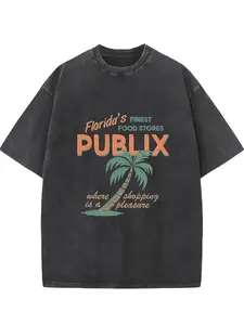 1pc Florida's Natural Paradise Publix Vintage Washed Cotton T-Shirt - 230gsm Heavyweight Streetwear Tee with Tropical Palm Tree Print, All-Season Comfort, Machine Washable, Holiday Gift